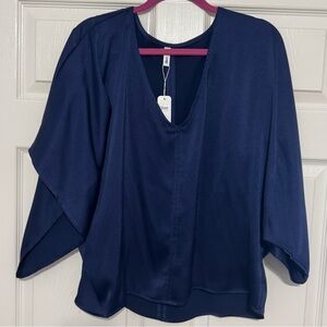 NWT Glam Deep Blue Textured V-Neck Blouse